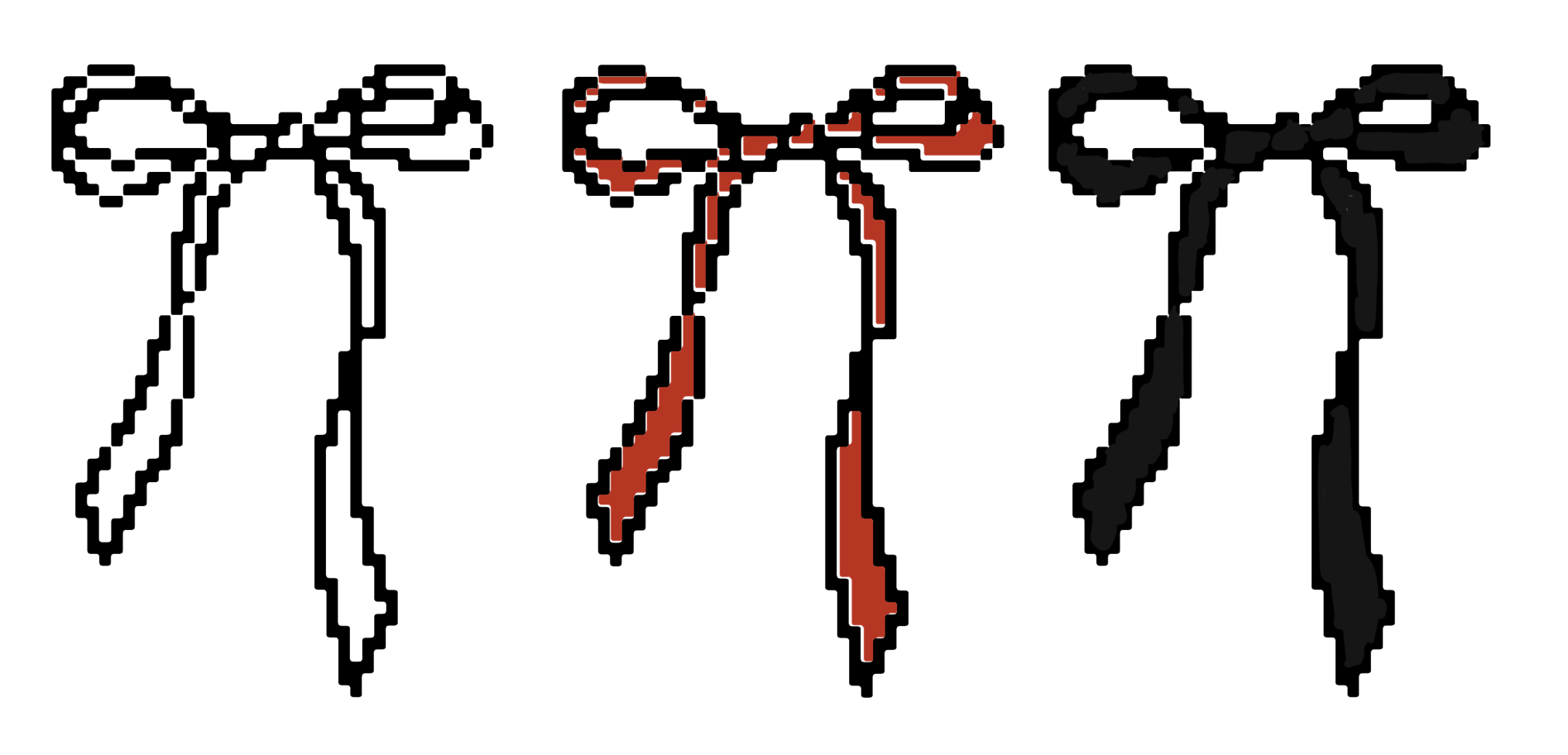 Three pixel-art ribbon bows: white outline, red, and black.