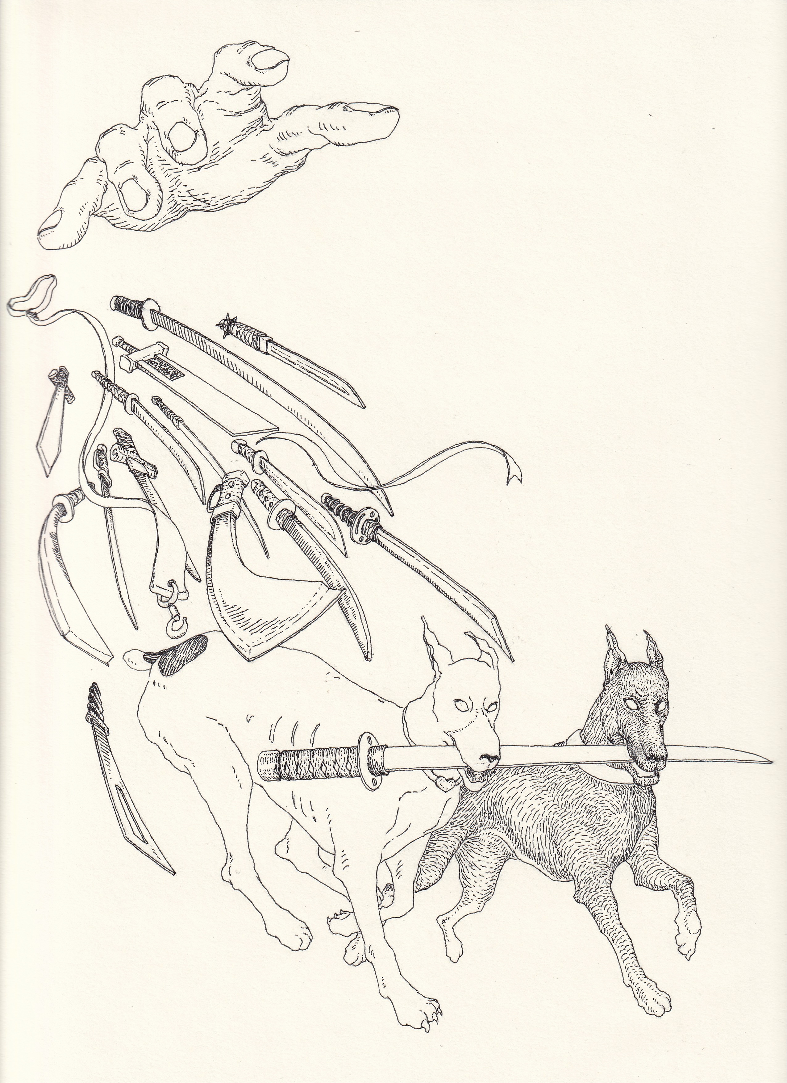 two dobermans running from a stream of flying swords flowing from the upper left side. a hand floats above.