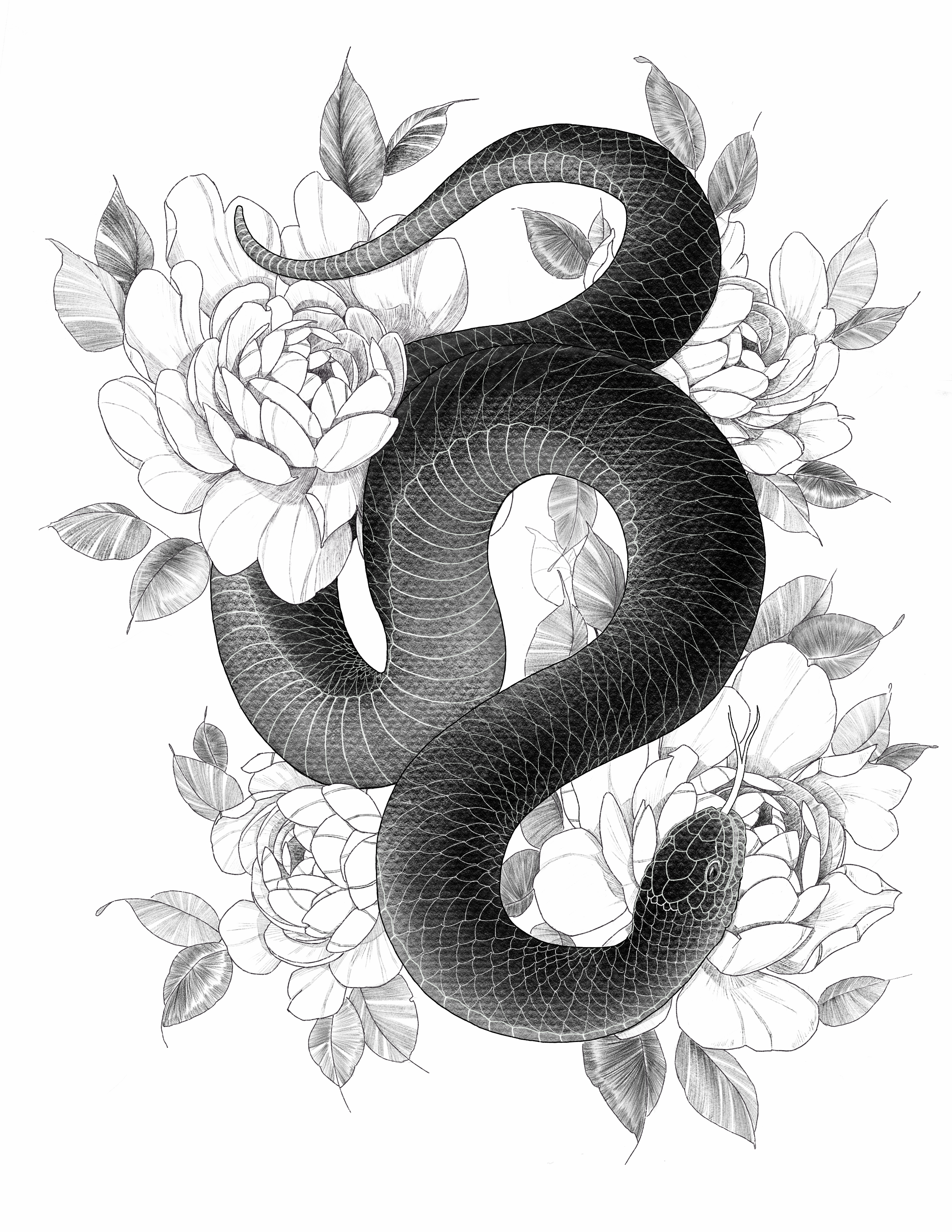 snake in peonies